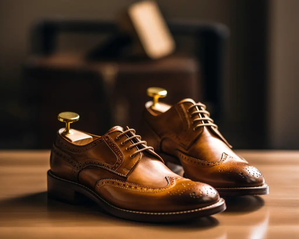 a pair of brown leather shoes with shoe stretcher 